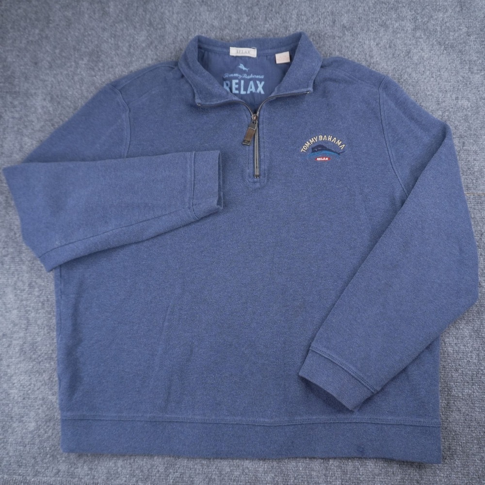 Tommy Bahama Pullover Mens‎ XL Blue Relax Quarter Zip Cotton Marlin Logo Knit